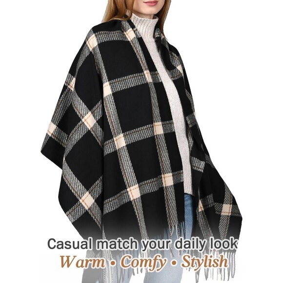 Winter Scarf Women's Shawl Cashmere Feel Tassel Plaid Oversized Scarves Black - Picture 3 of 7